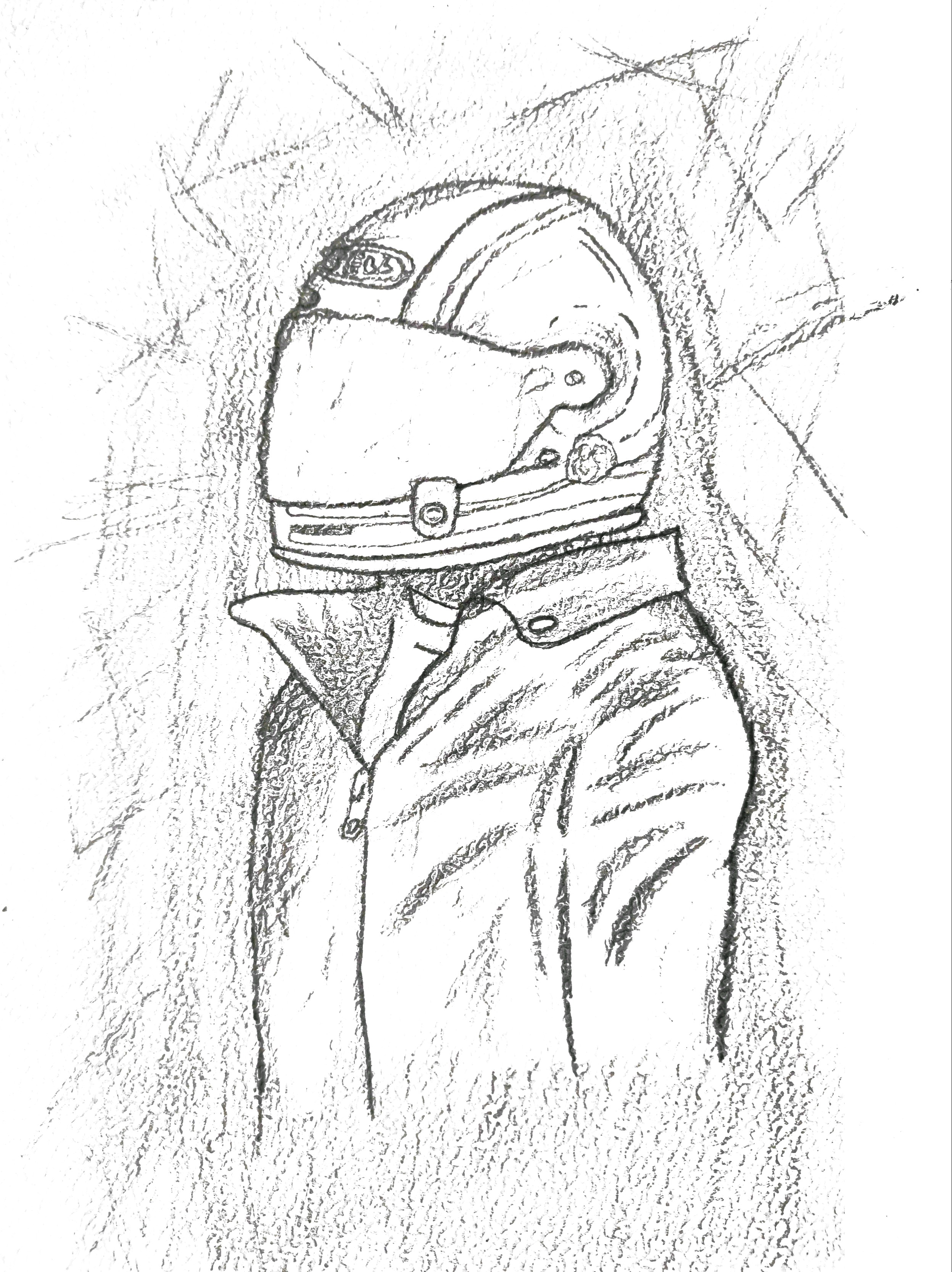 Dessin au crayon d'un motard portant son casque.